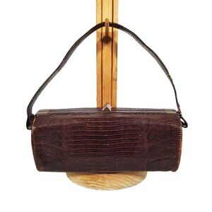 Vintage Lizard Barrel Purse 1950s Dark Brown Exotic Reptile Skin Bag